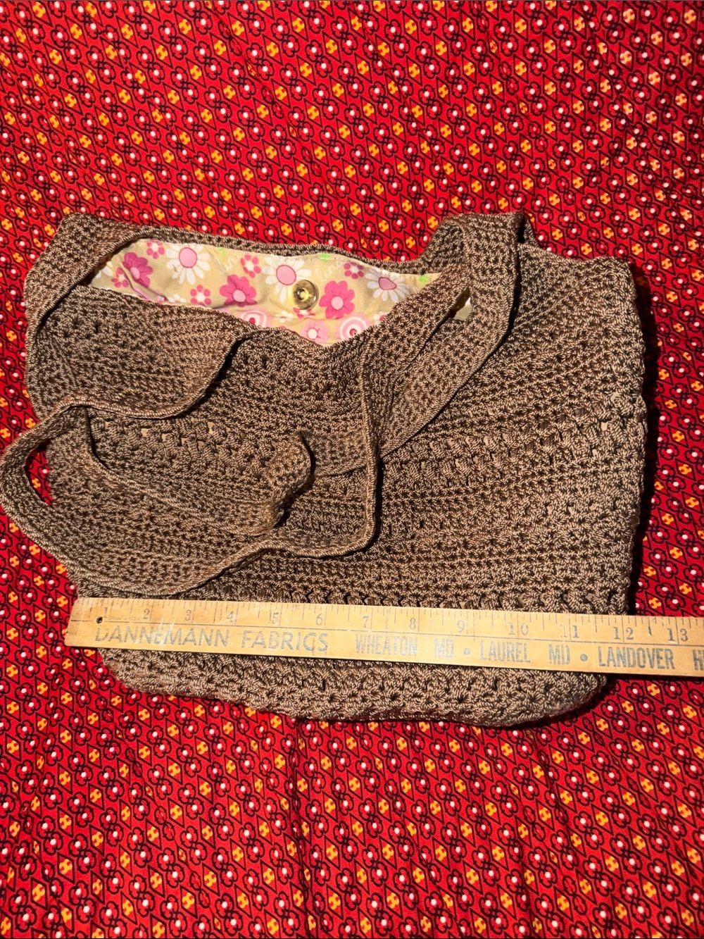 Woven Brown Crochet Tote Bag with Floral Lining
